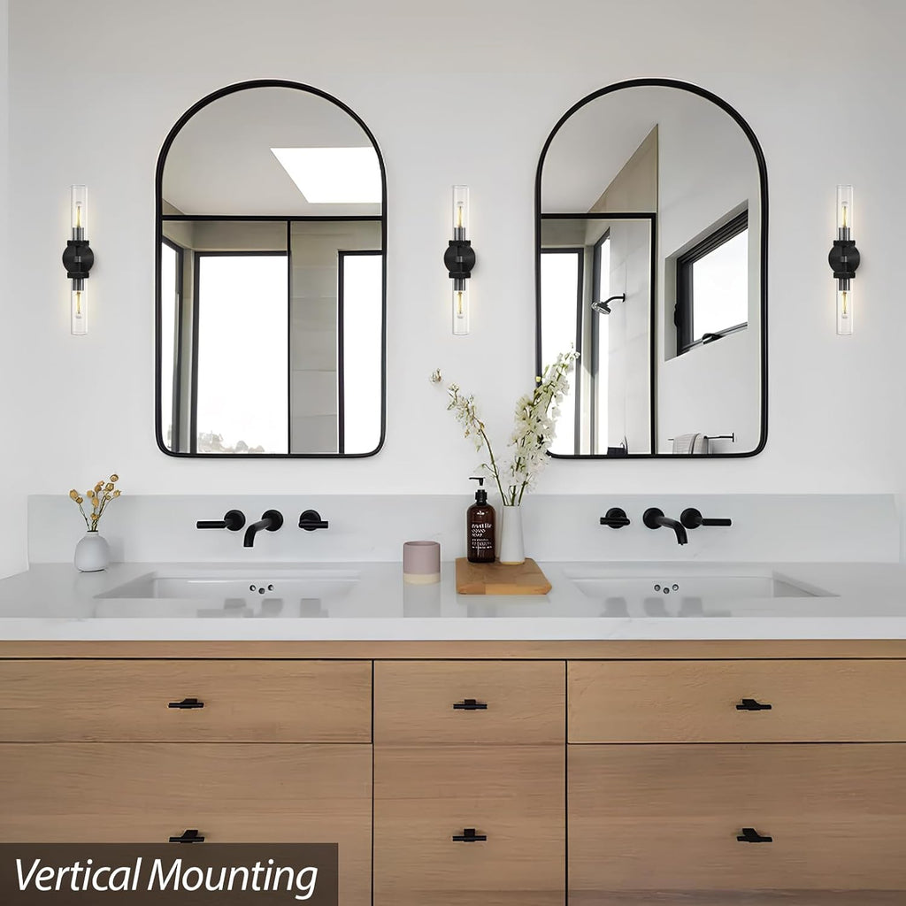 Black Bathroom Vanity Wall Sconces 2-Light Glass Tube Wall Sconce 21in Horizontal or Vertical Linear Wall Sconces Black Vanity Light Indoor Wall Sconce E26 Bulb Included