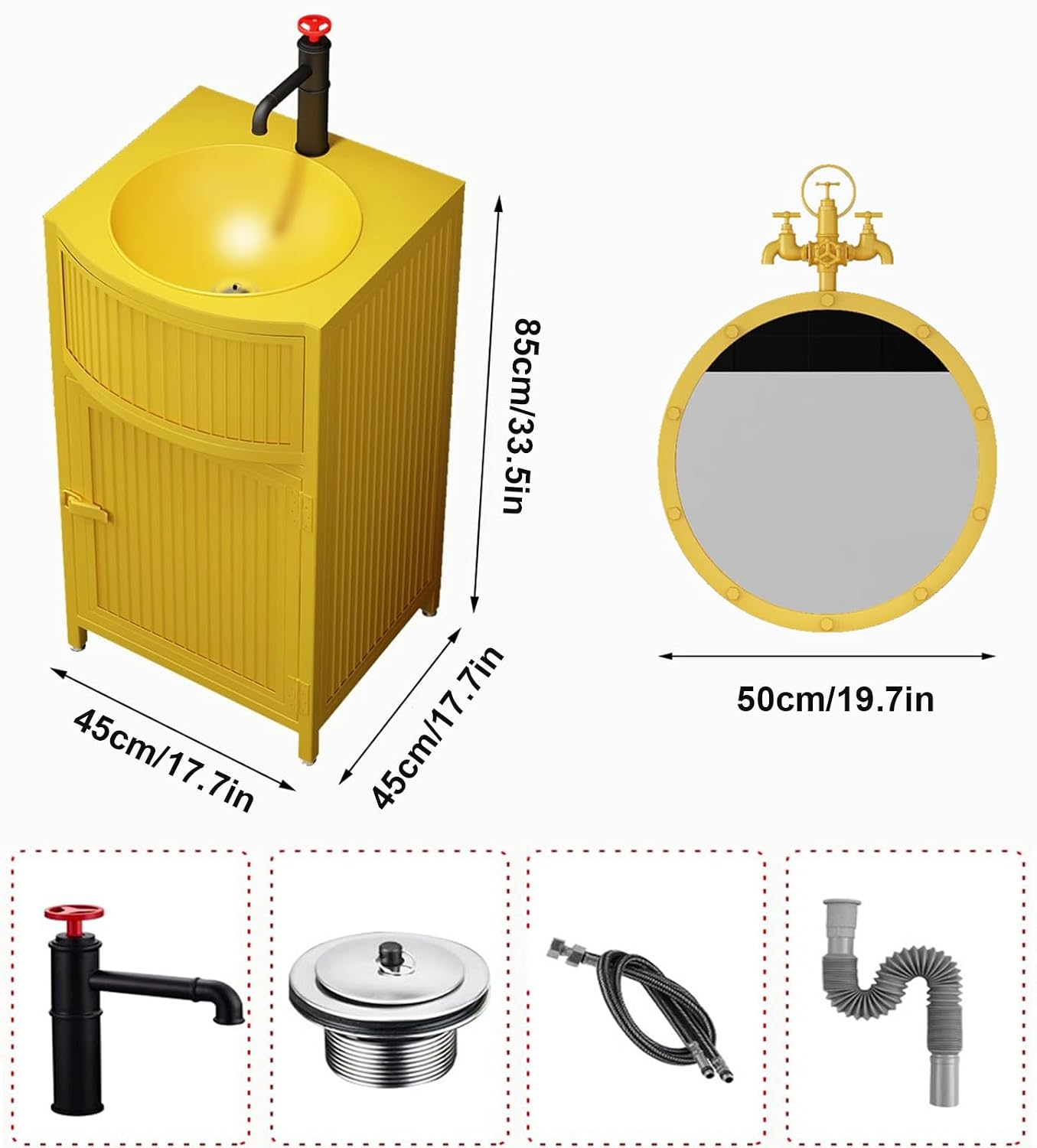 Small Bathroom Vanity with Sink - Industrial Style Free Standing Sink Cabinet and Wrought Iron Vanity Unit with Basin Sink, Drain, and Faucet for Hot and Cold Water,Black-with Mirror