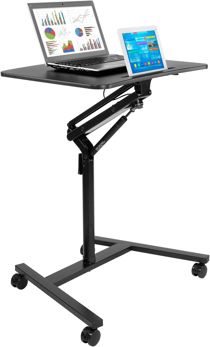 Mount-It! Mobile Standing Desk for Laptop with Wheels, Gas Spring Height Adjustable Rolling Workstation Cart, 27' x 20' Laptop Desk on Wheels, Portable Computer Desk for Home Office, Classroom