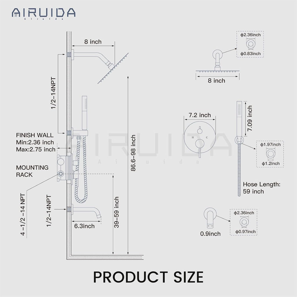 Airuida Shower Faucet Set, Bathtub Faucet Set with 8 Inch Rain Shower Head and Valve,2 Functions Tub Shower Faucet Set for Bathroom-Brushed Gold