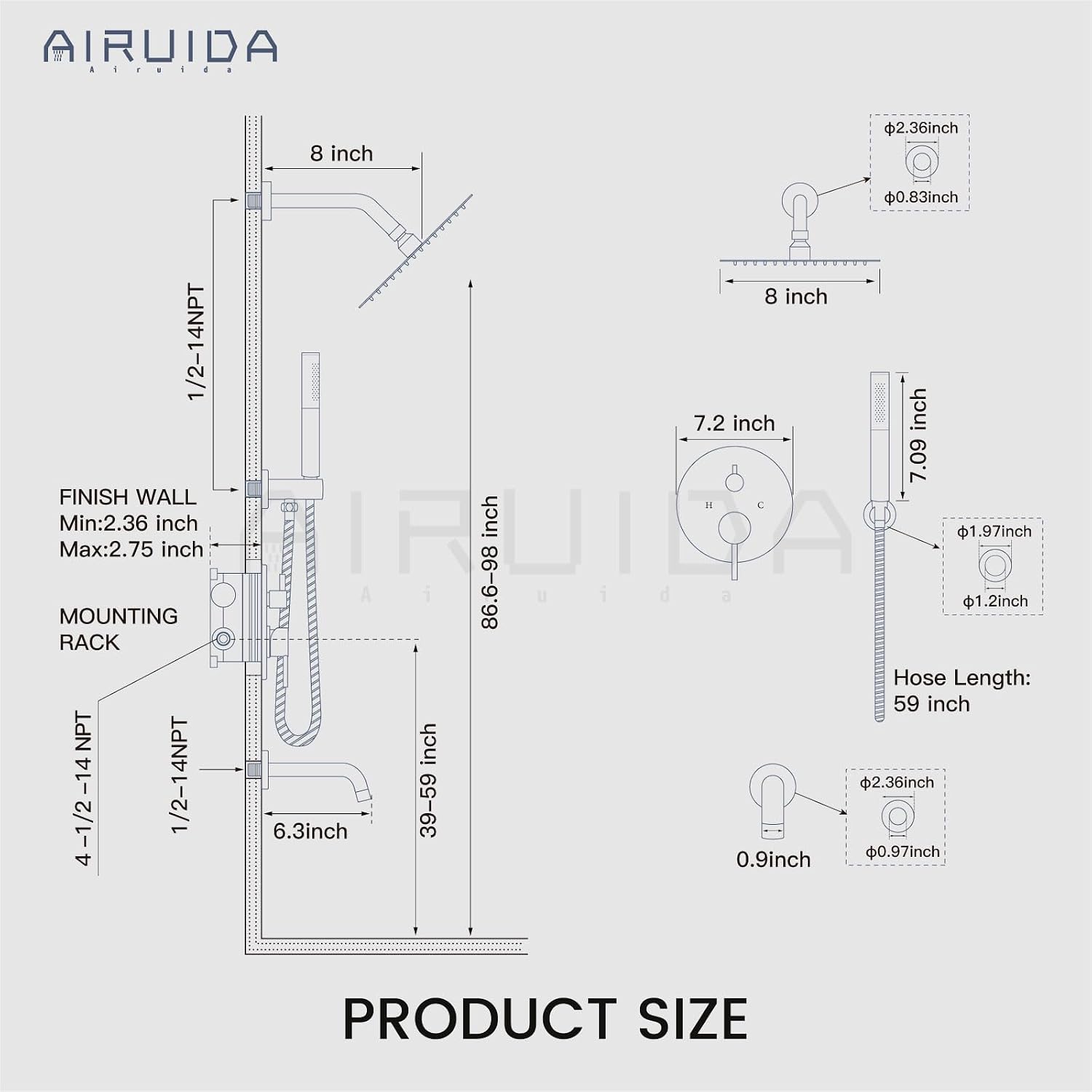 Airuida 3-Function Rain Shower System Set – Wall Mount Tub Shower Combo with Handheld Shower and Tub Spout,8 Inch Shower Head,Brushed Gold