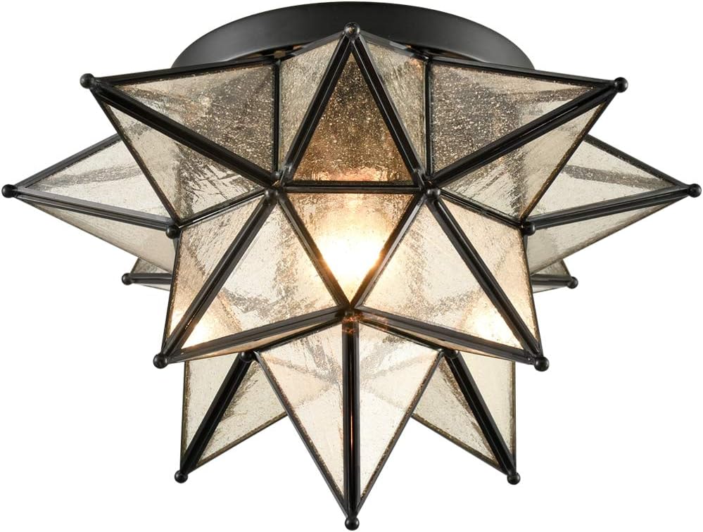 DAYCENT Boho Moroccan Seeded Glass Moravian Star Light Fixture Ceiling Flush Mount Hallway Kitchen, Black, 15 Inches