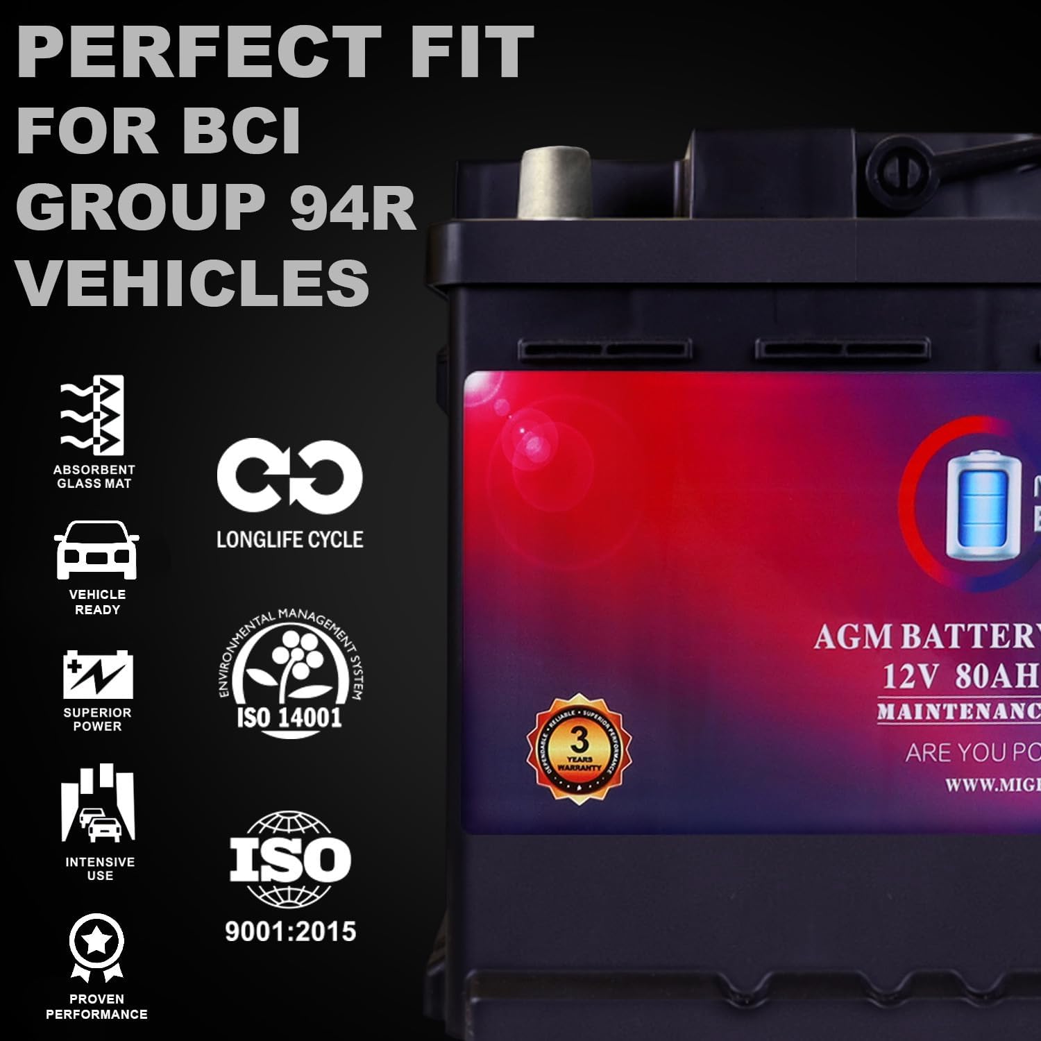Mighty Max Battery MM-H7 Start and Stop Car BCI Group Size 94R 12V 80AH, 140RC, 850 CCA Rechargeable AGM Car Battery