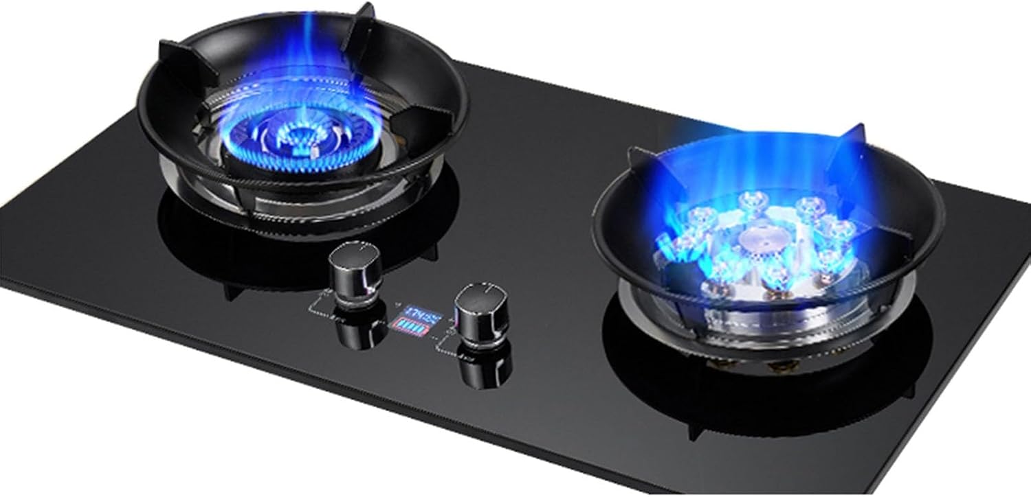 Built-in Gas Stove, 2 Burner Gas Stove, 5.0KW/5.2KW Timer (Independent On Both Sides) High Flame, Black Tempered Glass Cast Iron Pot Rack (Size : NG)