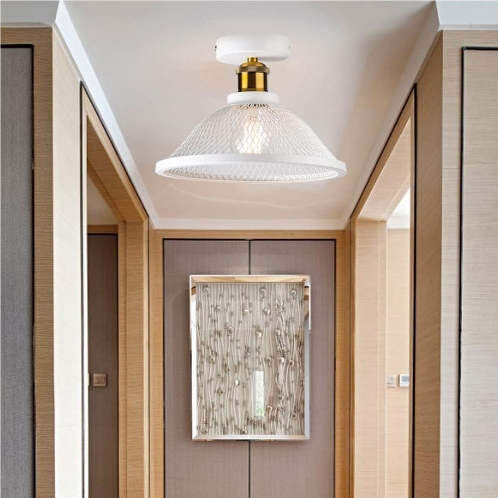 Creative Mesh Decorative Semi Flush Mount Ceiling Light, Wrought Iron Ceiling Lamp with Black and White Shade, Pendant Light Fixture for Bars, Clothing Stores, Restaurants(White)