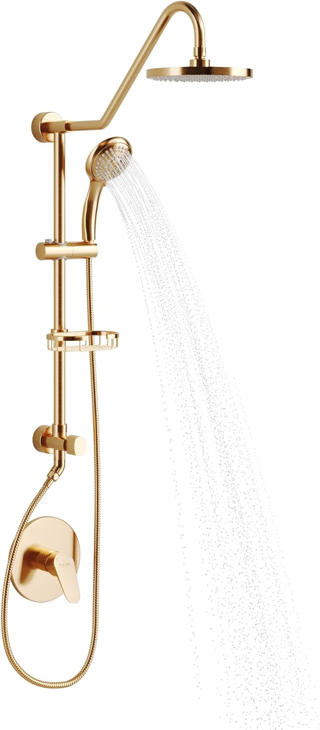 PULSE ShowerSpas Kauai III Brushed Gold Rain Shower Head with Handheld Spray - 2.5 GPM, 8' Showerhead, 5-Function HandShower, Adjustable Slide Bar - Shower Heads with Handheld Spray Combo