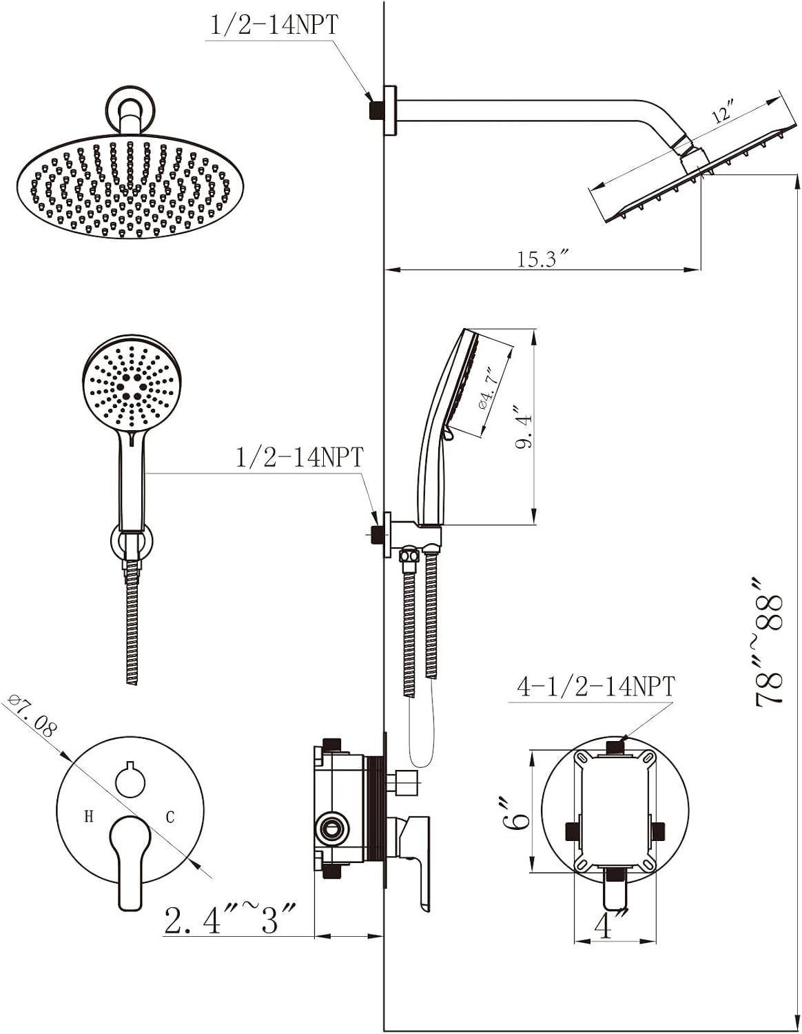 Shower Faucet Set 12IN Brass Rough-In Valve Body Trim Kit Rainfall Included Handle Accessories Complete 2 Functions with Rain Head and Handheld Bathroom Systems (12'', Matte Black)
