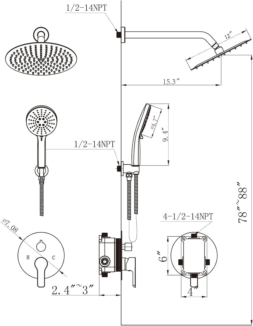 Shower Faucet Set 12IN Brass Rough-In Valve Body Trim Kit Rainfall Included Handle Accessories Complete 2 Functions with Rain Head and Handheld Bathroom Systems (12'', Brushed Nickel)