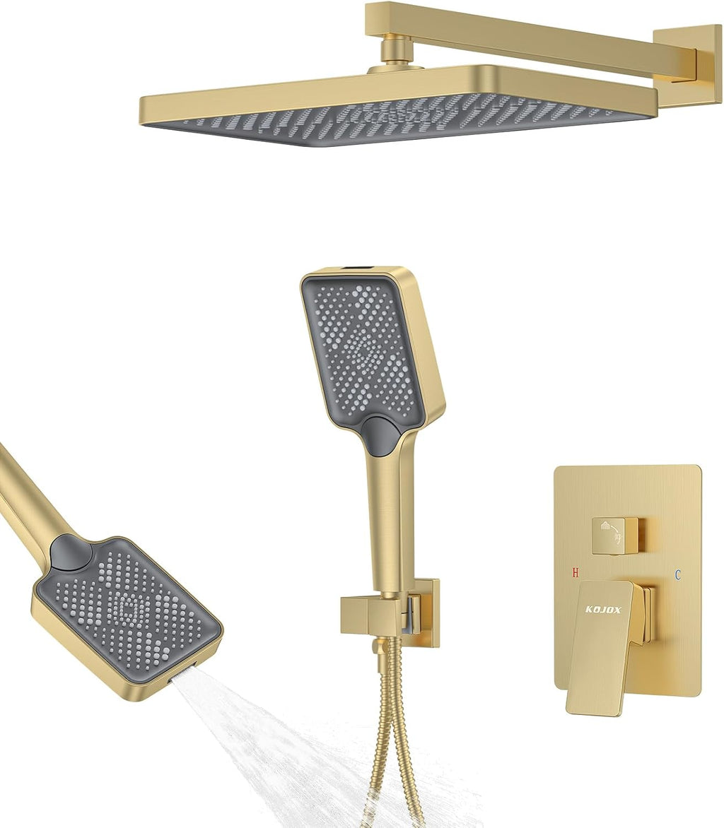 Shower System 13-Inch Rainfall Shower Head - 3 Setting Handheld Sprayer, Complete Bathroom Set with Faucet Mixer Trim Kit & Valve Brushed Gold