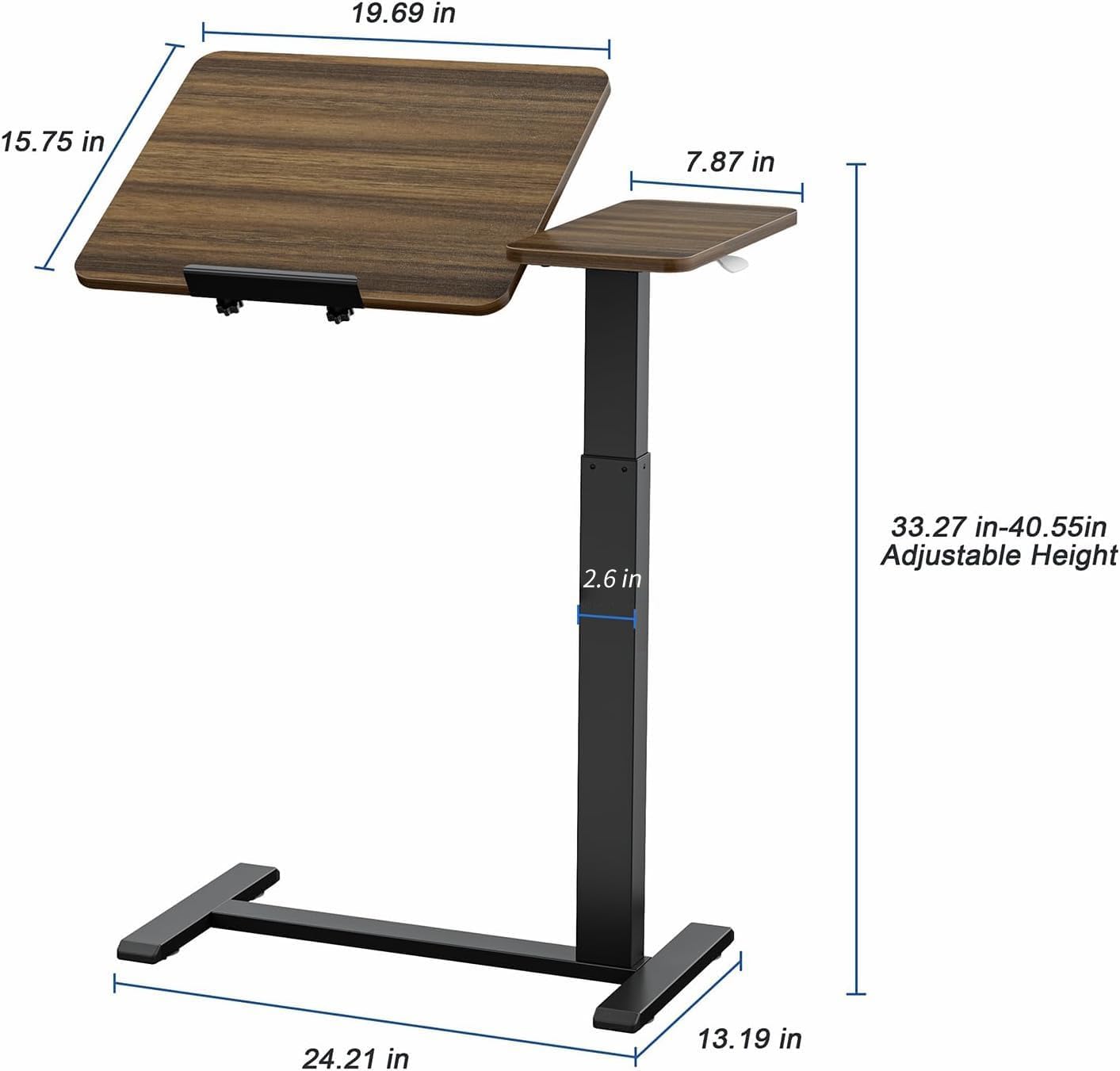 Ywin Medical Adjustable Tilt Overbed Bedside Table with Wheels, Swivel Portable Tray Table (27.6' W x 15.8' D), Small Standing Desk for Bedroom, Hospital, Couch, Office Use, Black Walnut