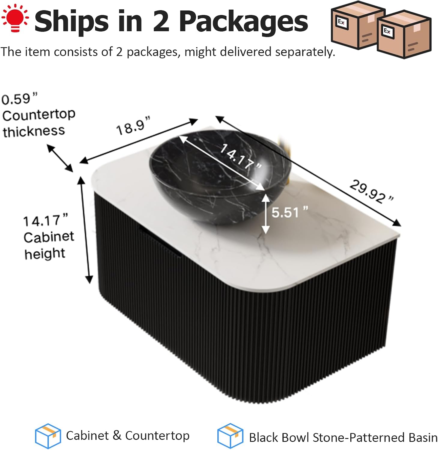 30' Floating Bathroom Vanity with Sink, Natural Solid Wood Modern Bathroom Vanities with Ultra-Thin Marble Sink and Countertop, Soft-Close Design, Pre-Assembled Cabinet, Black