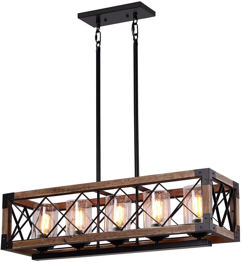 Giluta Rectangle Wood Metal Pendant Light Kitchen Island Chandelier Black Finish Rustic Industrial Chandelier Vintage Ceiling Light Fixture 5 Lights with Glass Shade (17810)