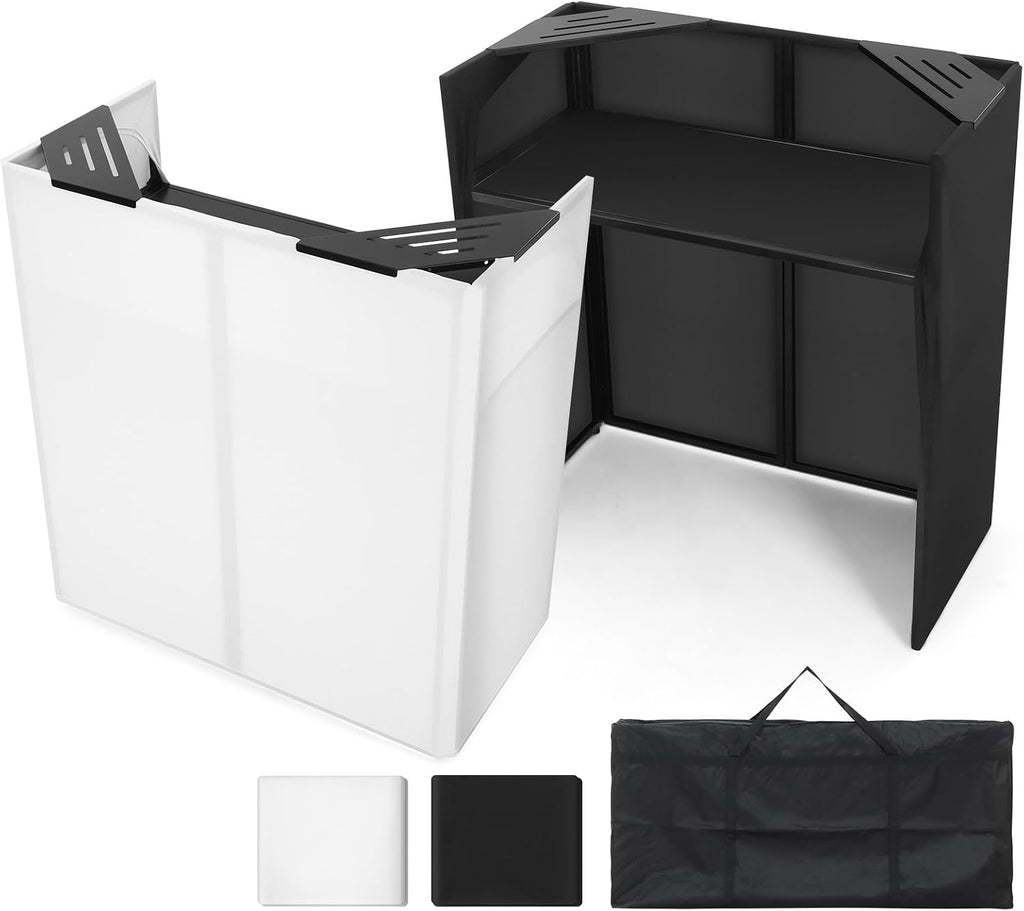 BAVNNRO DJ Booth Stand Portable, 44'x41'x21' DJ Facade Table Station with Black & White Scrim & Carry Bag, Metal Foldable Frame DJ Stand for Weddings, Parties & Events