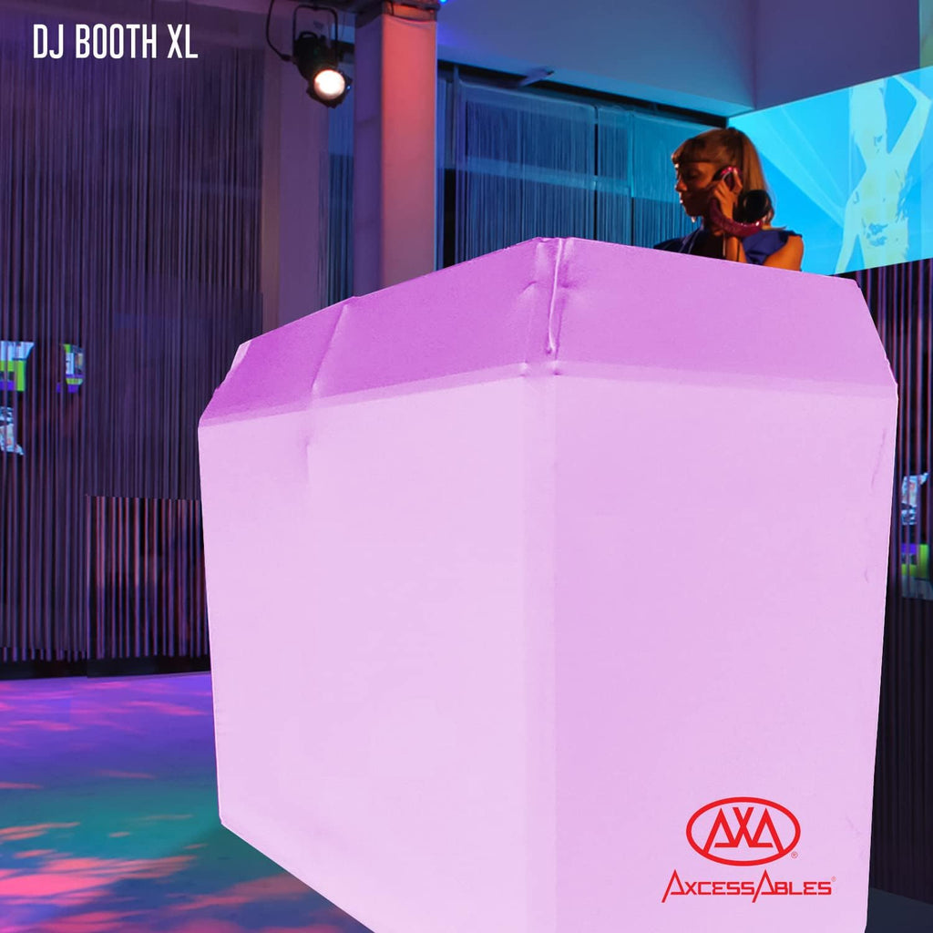 AxcessAbles DJ BOOTH XL 58' wide x 29' deep DJ Facade Table | Portable Extra Wide DJ Table Booth with Black and White Scrims, Carry Cases | Large DJ Controller Stand | Music Mixer Stand