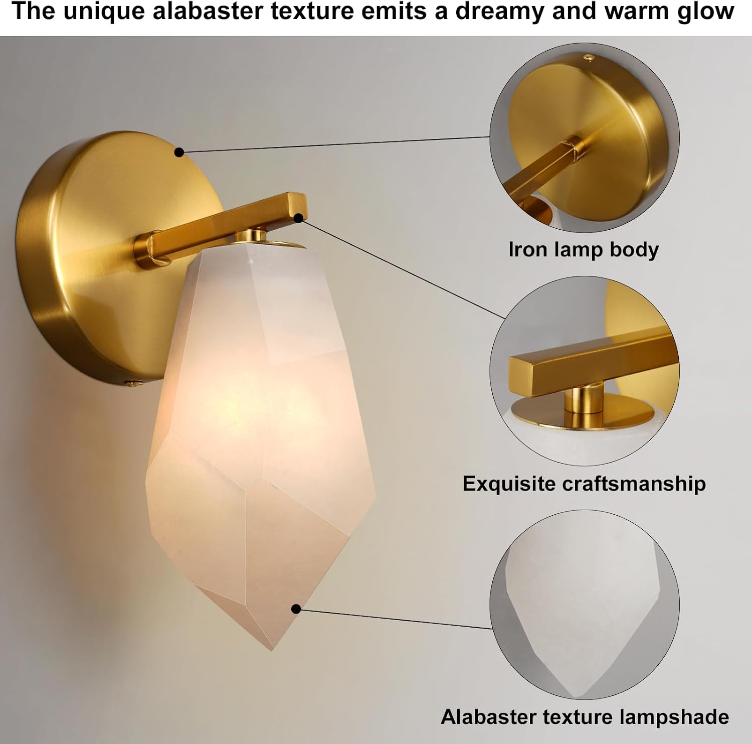 Alabaster Wall Sconces Set of Two, Spanish Marble Wall Lamp, Modern Wall Sconce for Living Room, Hardwired Wall Lighting for Bedroom, Wall Light for Bathroom Hallway Stairs, Gold