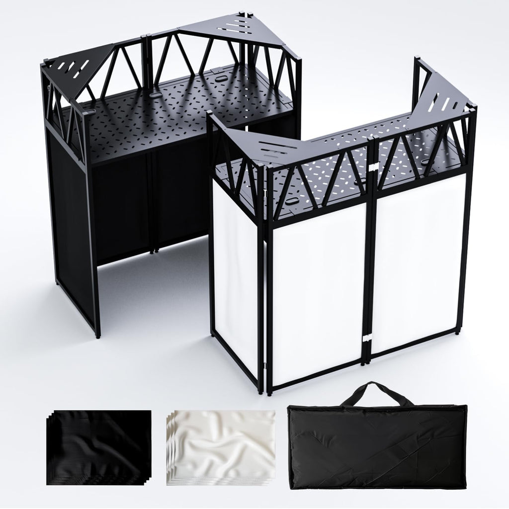 Portable DJ Booth Table,Foldable DJ Table Stand with White & Black Scrim,Adjustable D J Facade Station Triangle Plate Metal Frame with Cable Hole for Private Events, Clubs, Bars