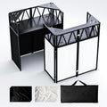 Portable DJ Booth Table,Foldable DJ Table Stand with White & Black Scrim,Adjustable D J Facade Station Triangle Plate Metal Frame with Cable Hole for Private Events, Clubs, Bars
