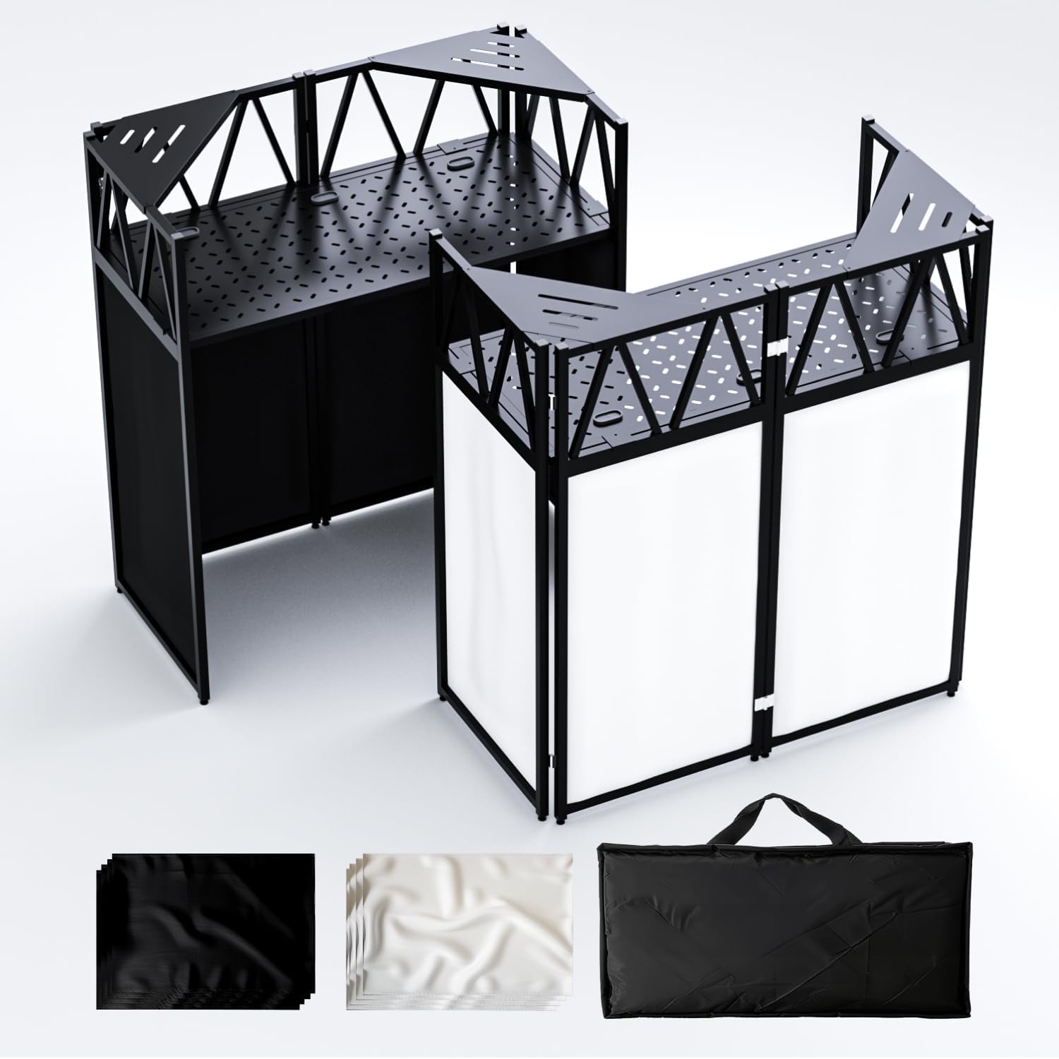 Portable DJ Booth Table,Foldable DJ Table Stand with White & Black Scrim,Adjustable D J Facade Station Triangle Plate Metal Frame with Cable Hole for Private Events, Clubs, Bars