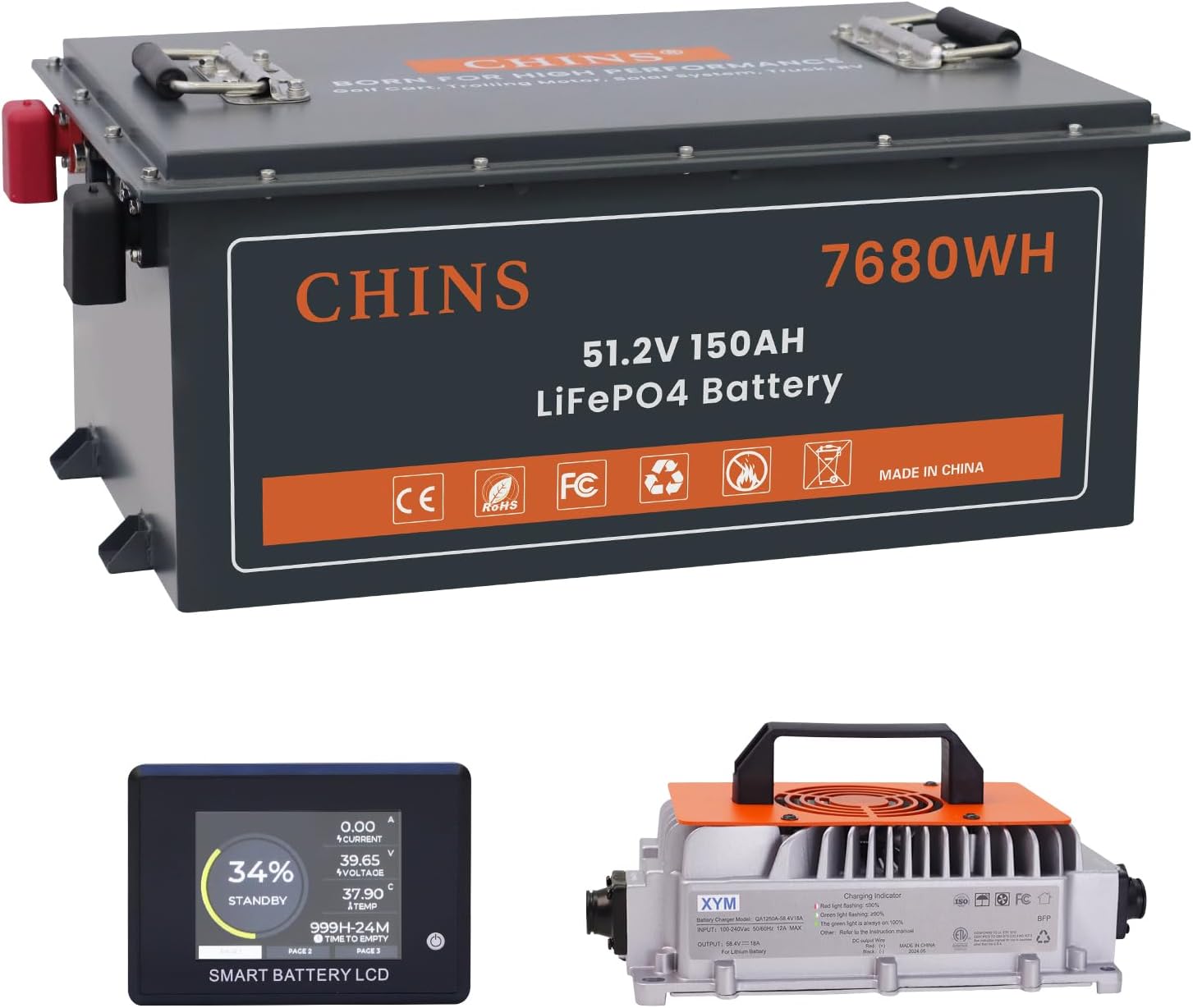 CHINS 48V 150Ah Lithium Golf Cart Battery, Built-in 200A BMS, Includes 48V 18A Charger, 48V Lithium Battery Golf Cart, Max 10.24kW Output 70 Miles Range, Perfect for Golf Cart