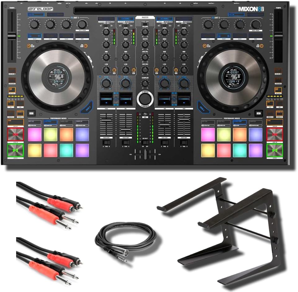 Reloop Mixon 8 Pro DJ Controller for Serato DJ with On-Stage LPT5000 DJ Laptop Stand and Essential Cables for Connecting to DJ Controllers and Mixers