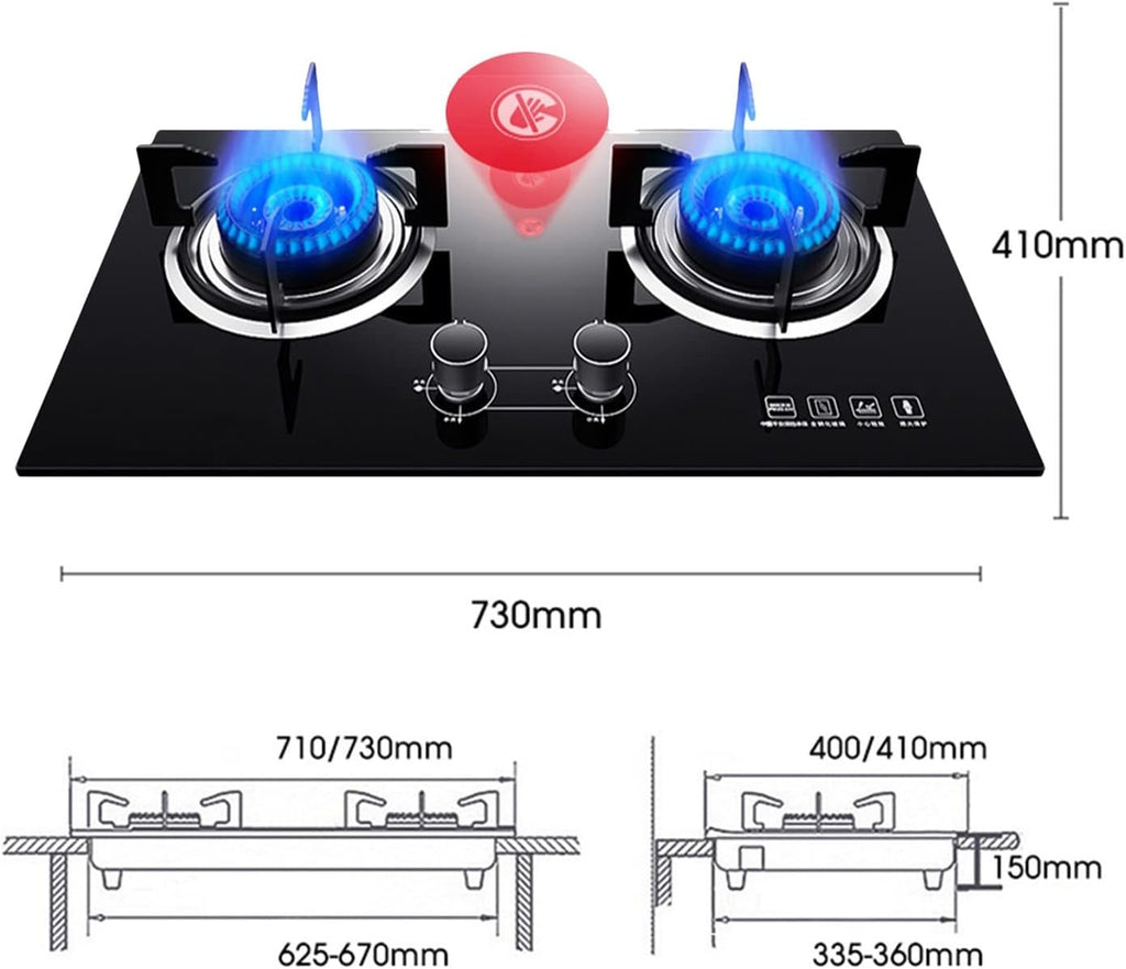 Gas Stove 2 Burners, Built-in Gas Cooktop, Tempered Glass Ignition Camping Dual Burner LPG/Natural Gas, 4.5kW/4.8kW (Size : NG)