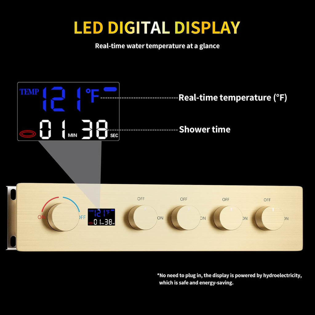 AYIVG Brushed Gold 4 Function Dual Shower Head System 16 X 24 Inch Rainfall Waterfall And 8 Inch Wall Mount With Handheld shower head Digital Display Shower Valve Set