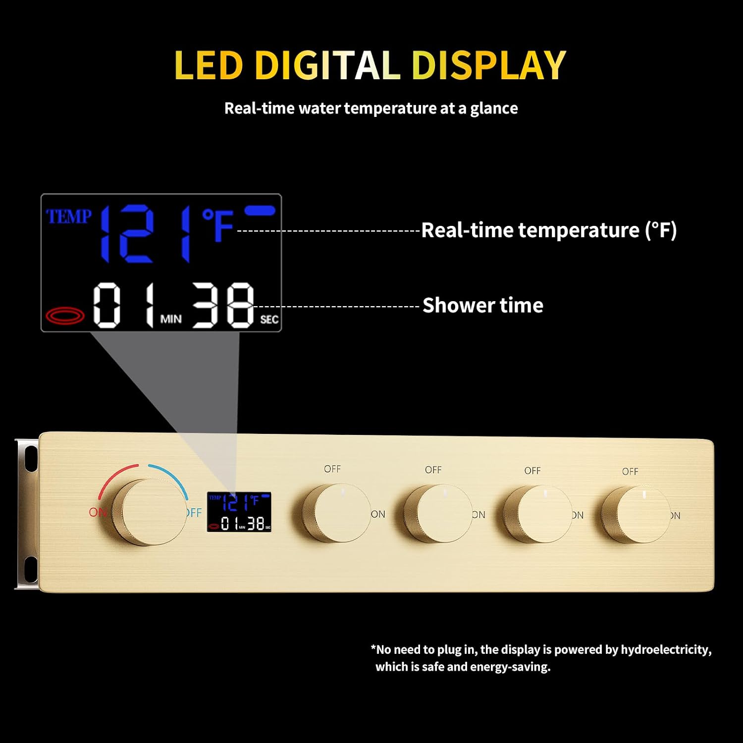AYIVG Brushed Gold 4 Function Dual Shower Head System 16 X 24 Inch Rainfall Waterfall And 8 Inch Wall Mount With Handheld shower head Digital Display Shower Valve Set