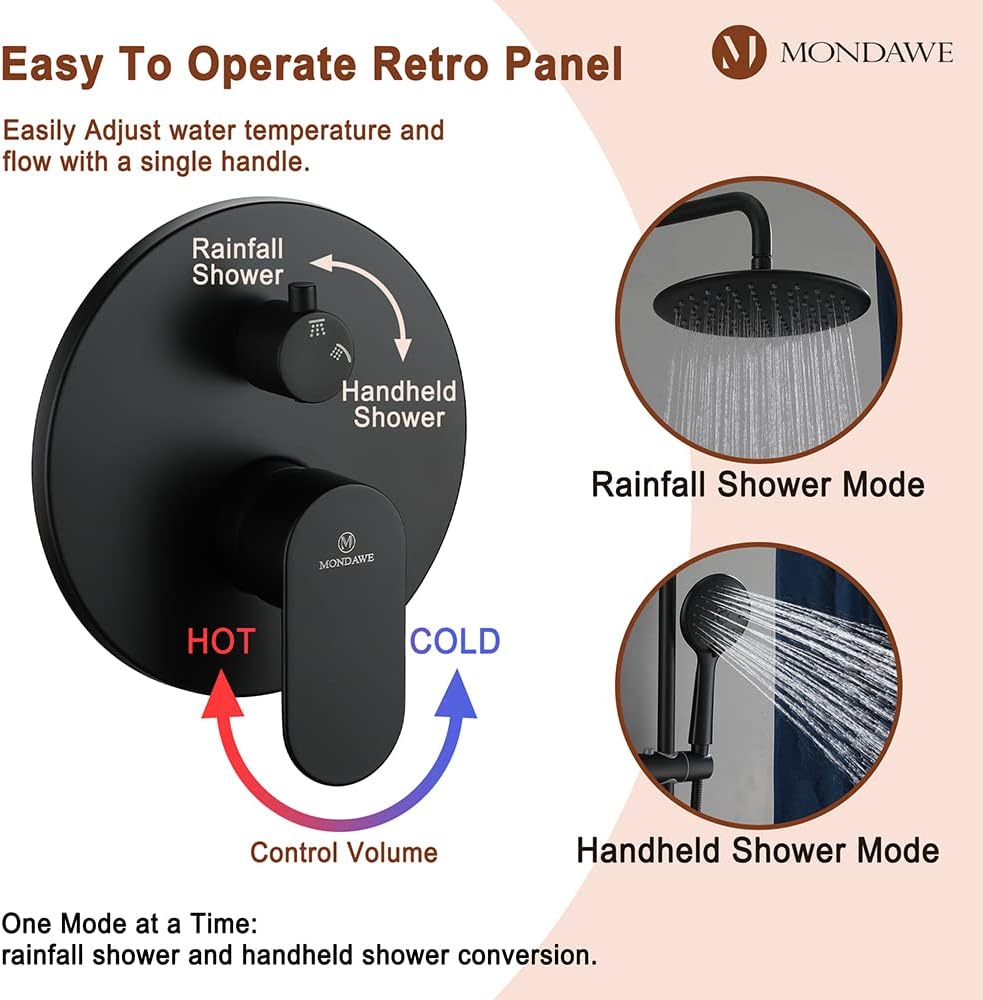 MONDAWE 9 Inch Wall Mounted Shower Faucet Set in Matte Black, Rainfall Shower Head with 3-Setting Handheld Spray Shower Set Combo, High Pressure Shower System with Solid Brass Valve