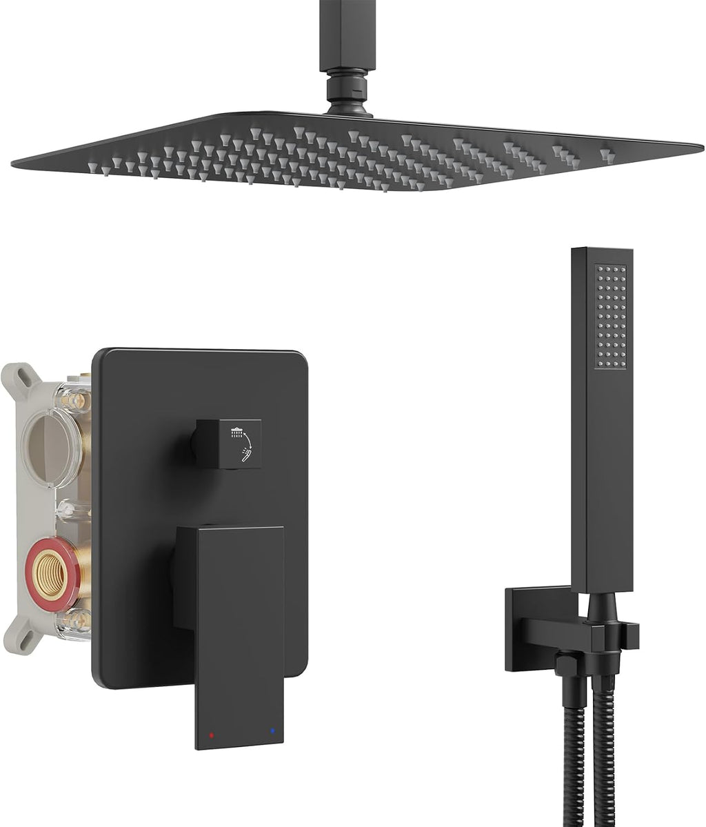 Ceiling Mount Shower System, Black Shower Faucet Set with 12-Inch Rain Showerhead and Handheld Spray Combo, High-Pressure Showerheads Set with Valve and Trim Kit, Matte Black