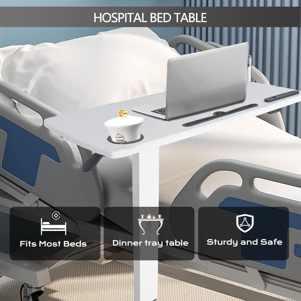 Over Bed Table Pneumatic Adjustable Height Stand Desk with Hidden Wheels USB Ports Pad Slot Mobile Laptop Standing Desk Cart, Podium Table (White, 32X16 inshes)