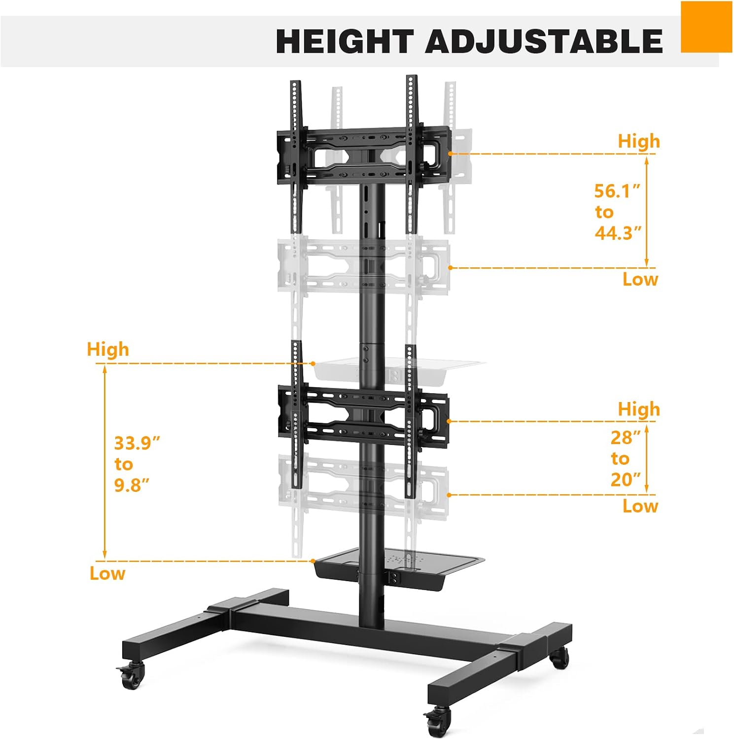 5Rcom Rolling/Mobile TV Cart with Wheels for 32 to 55 Inch LCD LED 4K Flat Curved Dual Screen TVs-Height Adjustable Screen Tilt Rolling TV Stand for 4 TVs with Laptop Shelf Holds Up to 132 lbs
