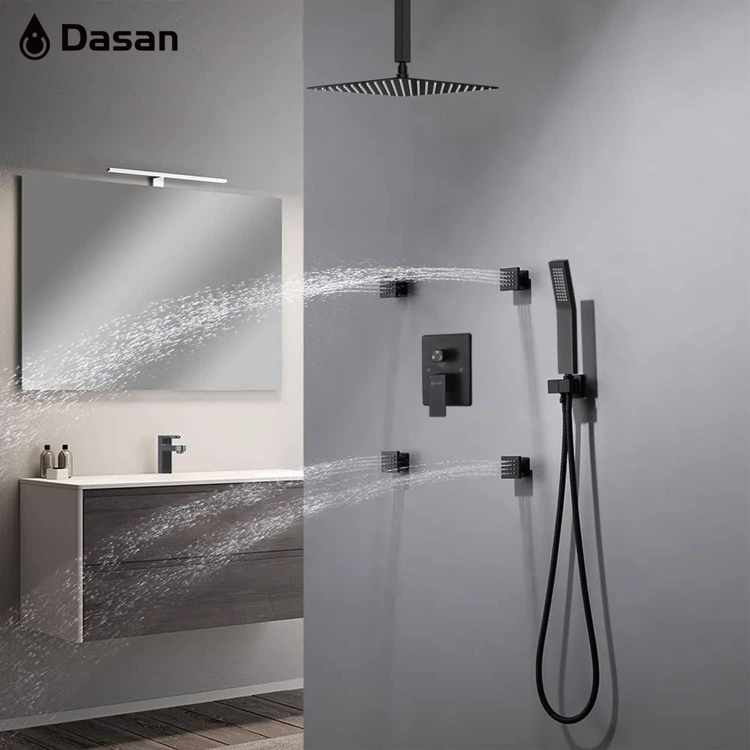 Matte Black Shower System with 4 PCS Shower Body Spray Jets & 12'' Ceiling Shower Head & Handheld Spray, DASAN Full Body Shower Faucet System with Jets Rainfall Shower Combo Set, SA-SS03BMB-S12C