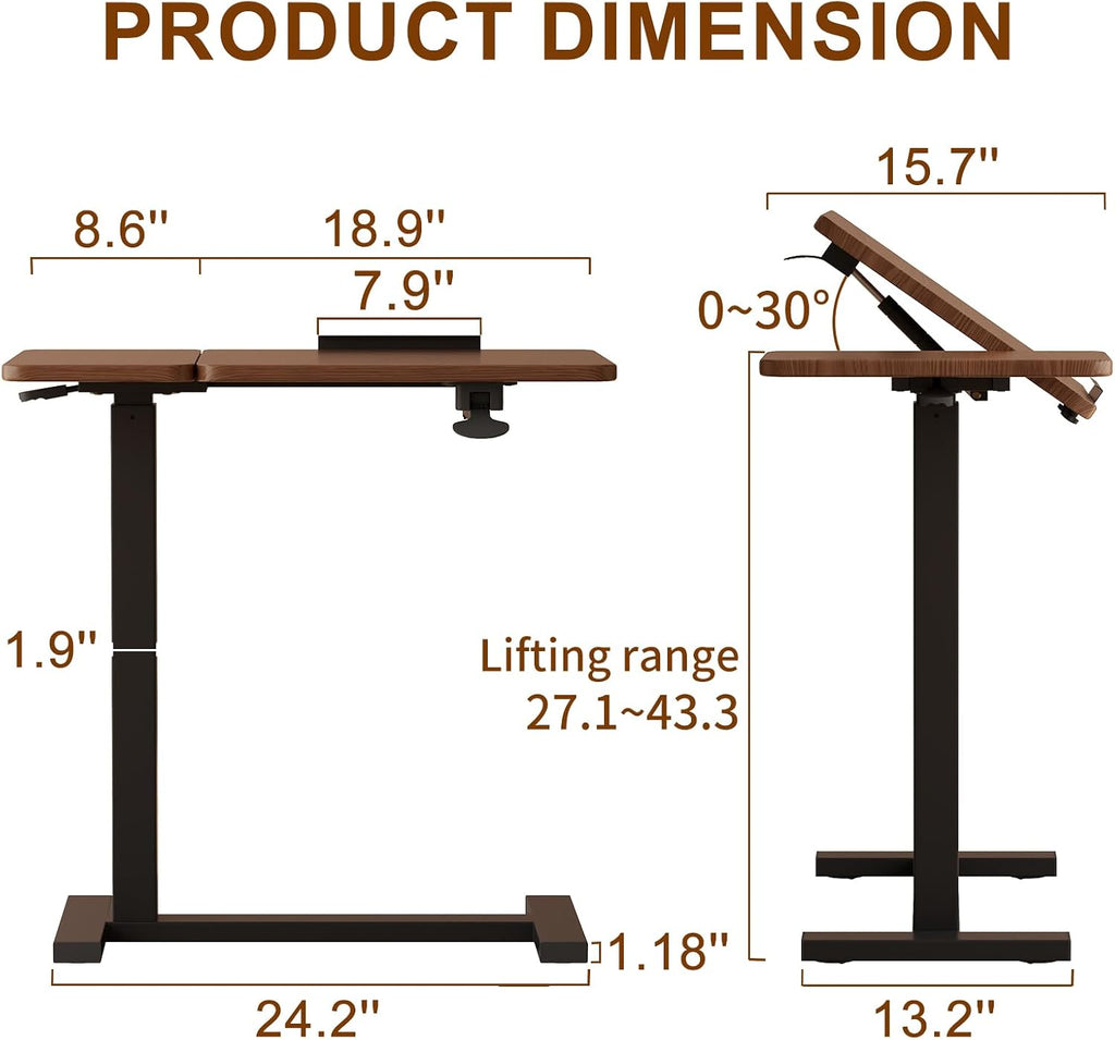 Solid Wood Overbed Bedside Table with Wheels, Tilting Adjustable Hospital Bed Table Over The Bed, Medical Mobile Laptop Stand, Rolling Standing Desk for Hospital and Home Use(Walnut)