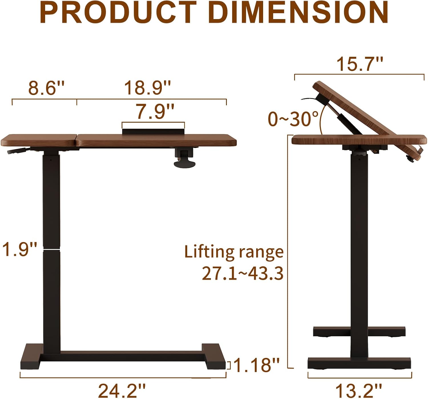 Solid Wood Overbed Bedside Table with Wheels, Tilting Adjustable Hospital Bed Table Over The Bed, Medical Mobile Laptop Stand, Rolling Standing Desk for Hospital and Home Use(Walnut)