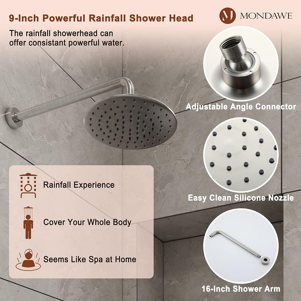 MONDAWE 9 Inch Wall Mounted Shower Faucet Set in Brushed Nickel, Rainfall Shower Head with 3-Setting Handheld Spray Shower Set Combo, High Pressure Shower System with Solid Brass Valve