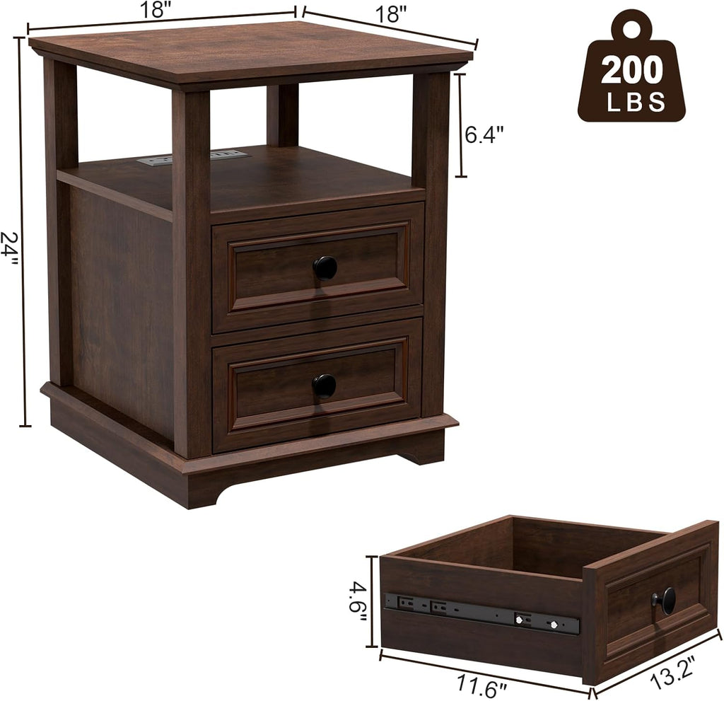 REDAYFUR 24' Tall End Table with Charging Station, Double 18W Fast Charge, Large 18' Bedside Table with Drawers, Rustic Wood Storage Cabinet with Open Shelf for Bedroom, Cherry