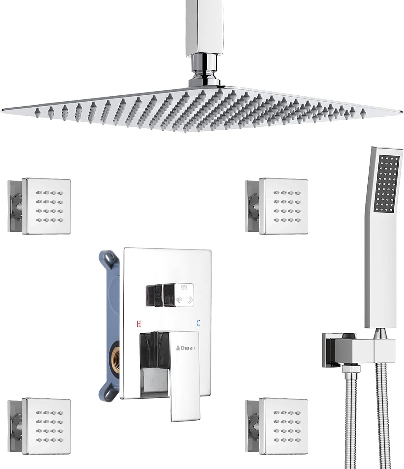 Polished Chrome Shower System with 4 PCS Shower Body Spray Jets & 12'' Ceiling Shower Head & Handheld Spray, DASAN Full Body Shower Faucet System with Jets Rainfall Shower Combo Set, SA-SS03BCH-S12C