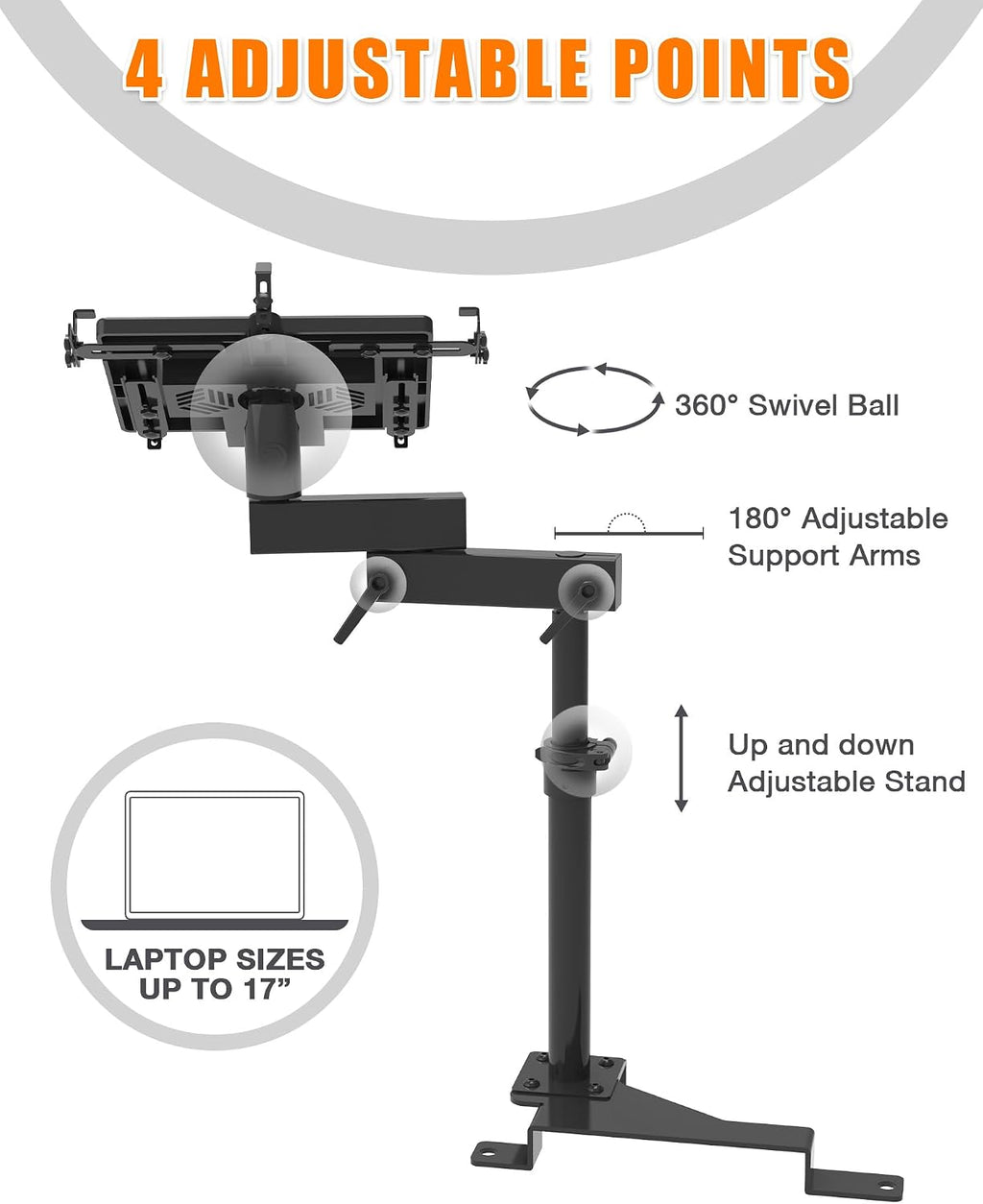 MELIPRON Truck Laptop Mount Fit for 15-25 Ford F150, 17-25 F250, F350, F550, No-Drilling Vehicle Computer Stand for Passenger Seat, Adjustable Height, 2 Built-in Cooling Fans