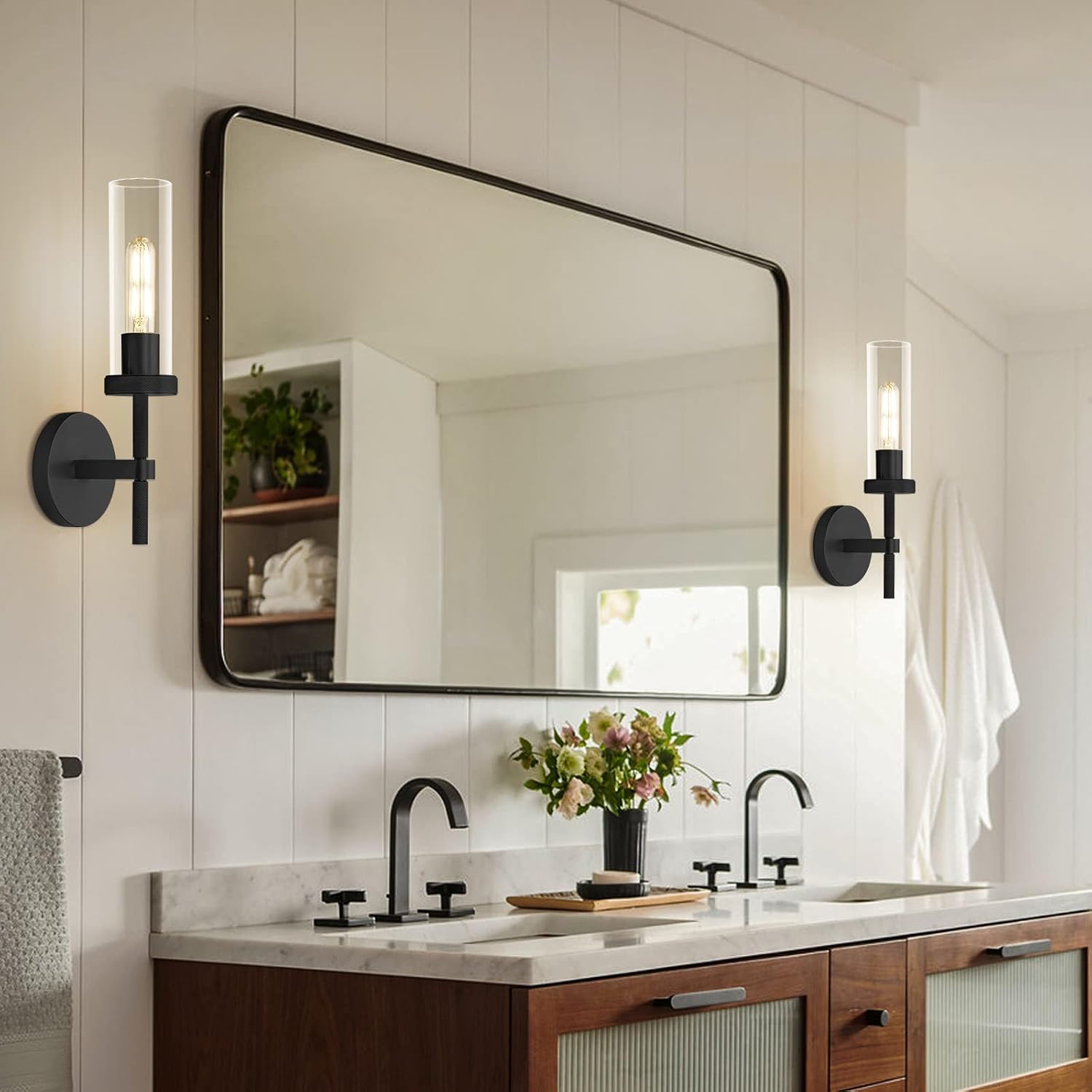 Black Wall Sconces Set of Two, 14' Bathroom Vanity Sconce Light, Glass Tube Wall Sconces, Sconces Wall Lighting Indoors, Wall Lights for Mirror, Living Room, Bedroom, Hallway (including bulb)