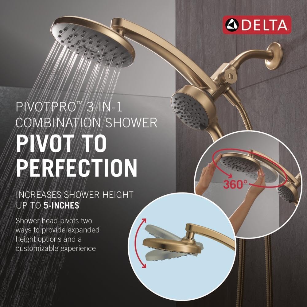 Delta 6-Setting PivotPro 3-in-1 Combination Shower Head with ProClean Spray, Brushed Gold Round Shower Head Rainfall with Handheld Spray, 1.75 GPM, Champagne Bronze 75648CZ