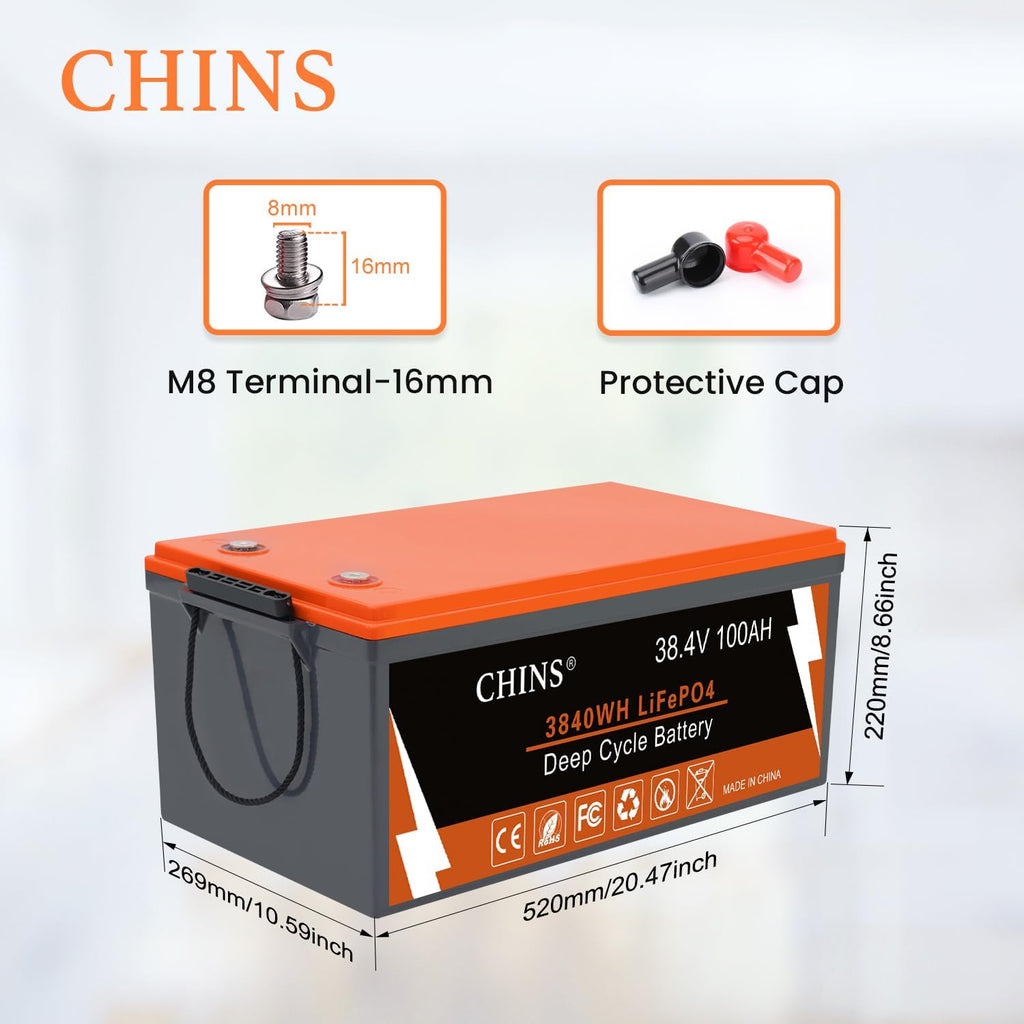 CHINS 36V 100Ah Lithium Golf Cart Battery, Includes 36V 25A Charger, Monitor, Built-in Smart 200A BMS, 36V Lithium Battery Perfect for Golf Cart