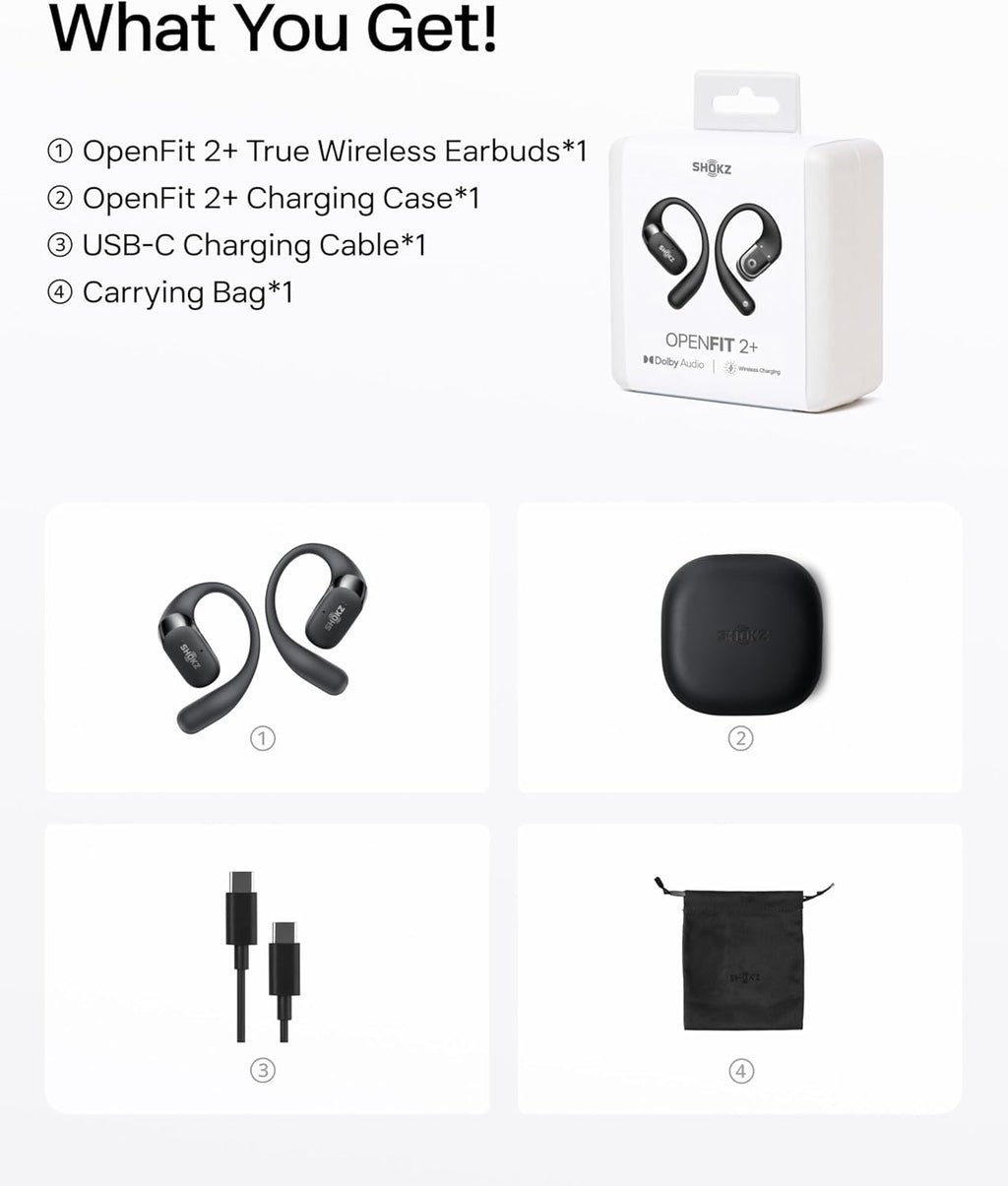 SHOKZ NEW OpenFit 2+ Open-Ear Headphones, Dolby Audio Enabled, Comfortable Earbuds with Soft Ear Hooks, 48H Playtime, IP55 Water-Resistant, USB-C Fast Charging, Wireless Charging, Carrying Bag, Black