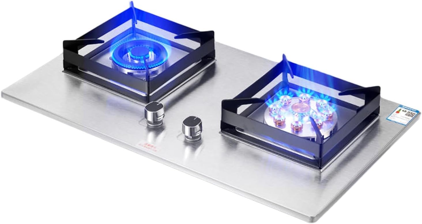 71CM Gas Stove 2 Burners, Built-in Gas Cooker Plug and Play, Stainless Steel Panel Cast Iron Pot Holder, Suitable for Home Kitchen Camping Garden Dining(NG)
