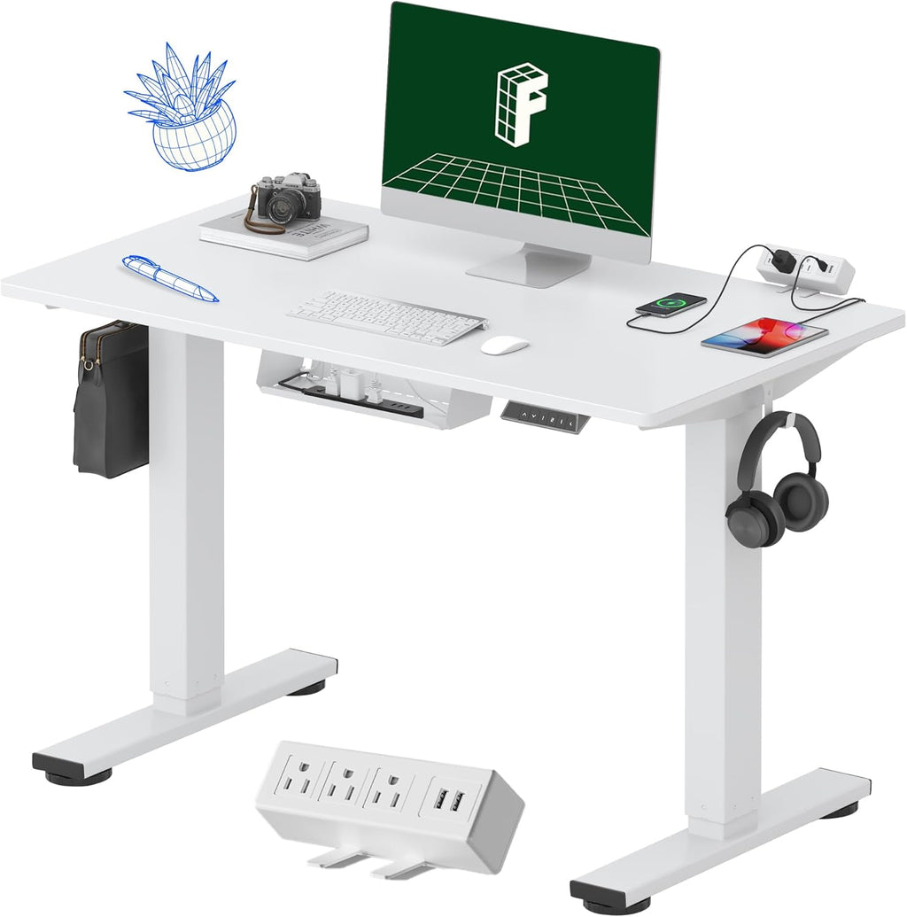 FLEXISPOT EN2 Whole-Piece Standing Desk with Clamp Power Strip, 40 x 24 Electric Stand Up Height Adjustable Desk with Cable Management (White Frame + 40' White Top)