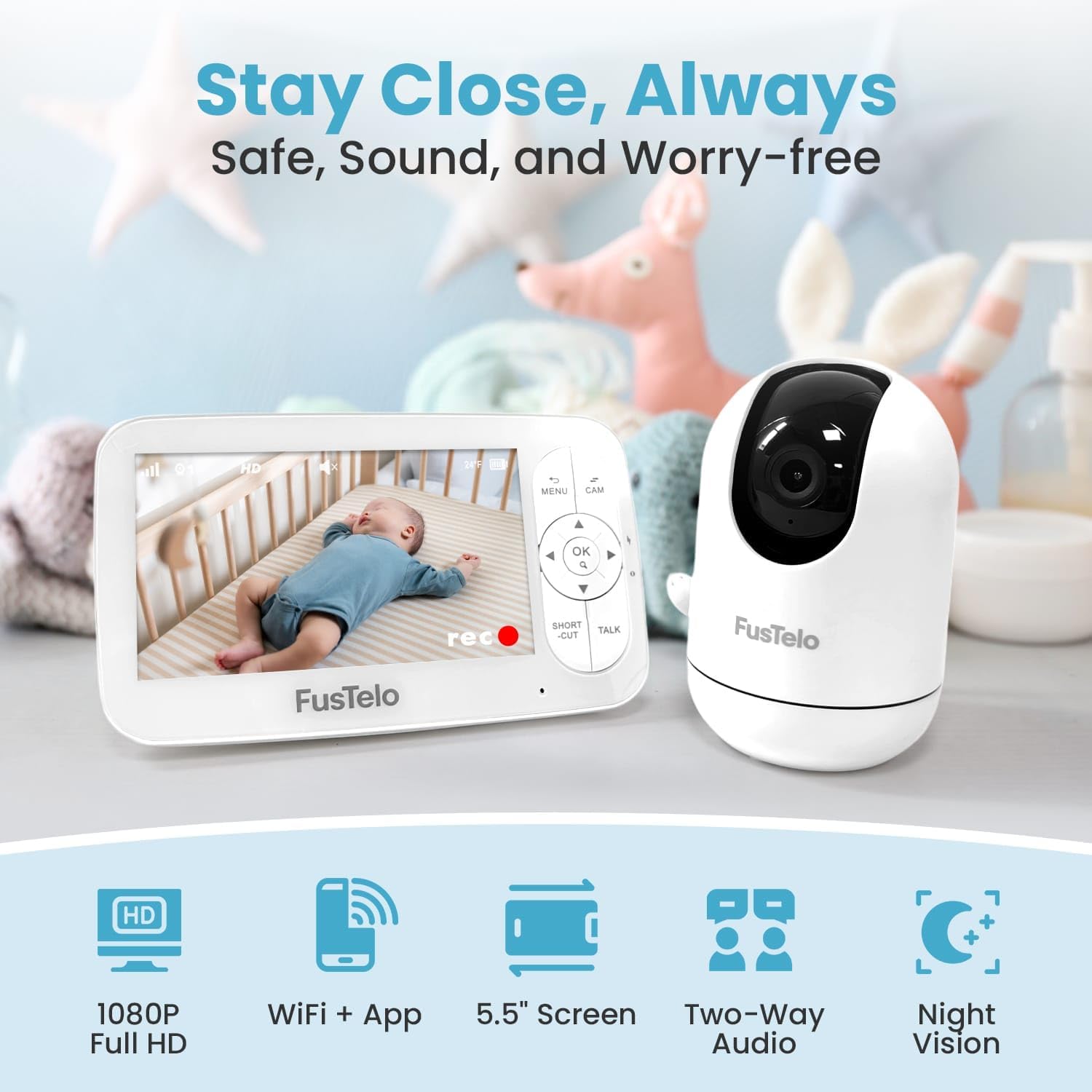 Smart WiFi Baby Monitor with 5' OLED Screen & Camera, 1080P HD, 360° Pan/Tilt, 4X Zoom, Two-Way Audio, Cry & Motion Alerts, Night Vision, Temperature Sensor, Long-Battery, App & Screen View