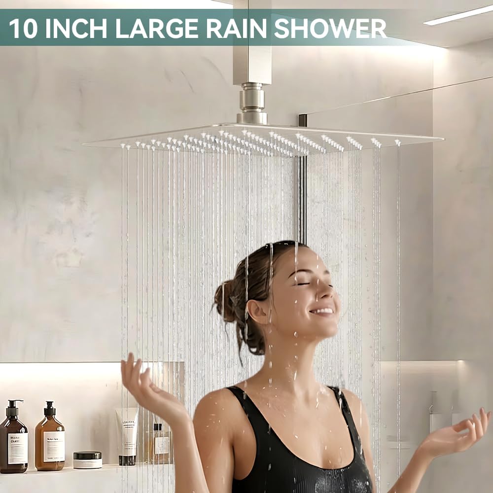 Shower System Shower Faucet Set, STARBATH 10' Ceiling Mount Rain Shower Head and Handheld Spray for Two Person, Rainfall Shower System with Diverter Valve and Trim Kit Complete,Brushed Nickel