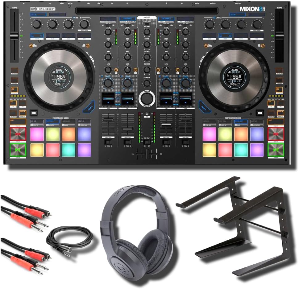 Reloop Mixon 8 Pro DJ Controller for Serato DJ with On-Stage LPT5000 DJ Laptop Stand, DJ Monitoring Headphones and Essential Cables for Connecting to DJ Controllers and Mixers