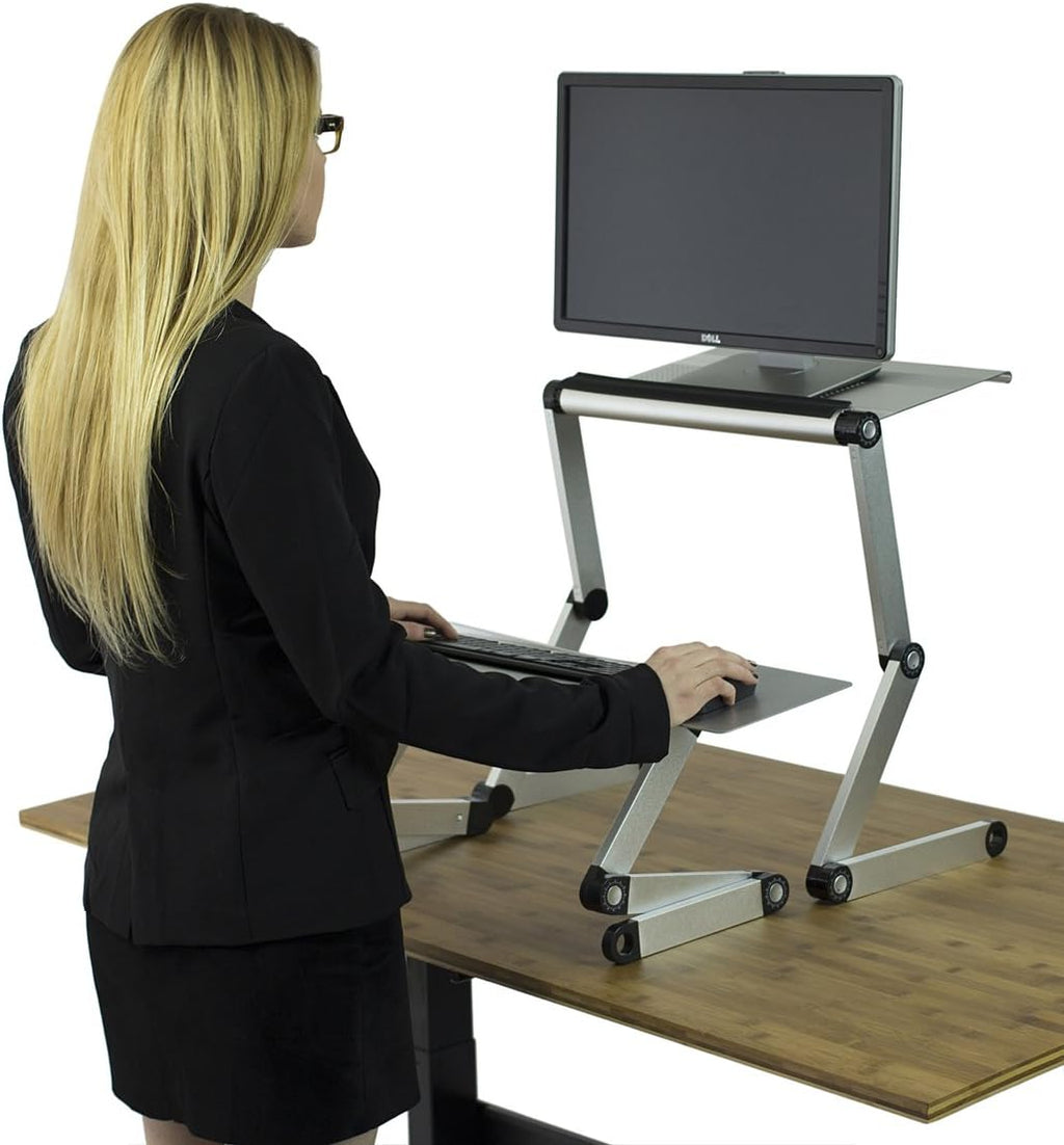 WorkEZ Adjustable Standing Desk Converter, Sit to Stand Desk Riser, Standing Desk for Laptop Monitor, Adjustable Height & Angle Negative Tilt, Silver