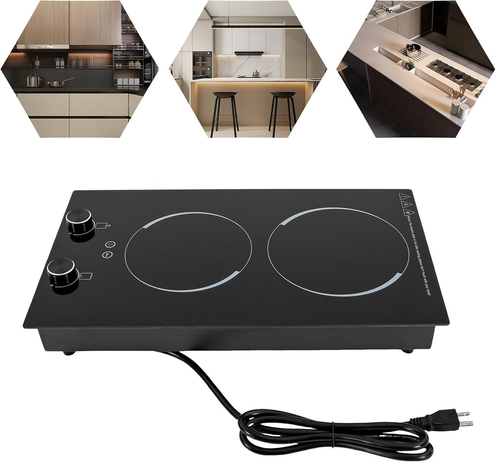 Electric Cooktop, Double-burner Ceramic Electric Hob, 2100W Induction Cooktop Portable Electric Stove, Temperature Controls, Stainless Steel Hot Plate for Kitchens, Cabins, Offices, Studios