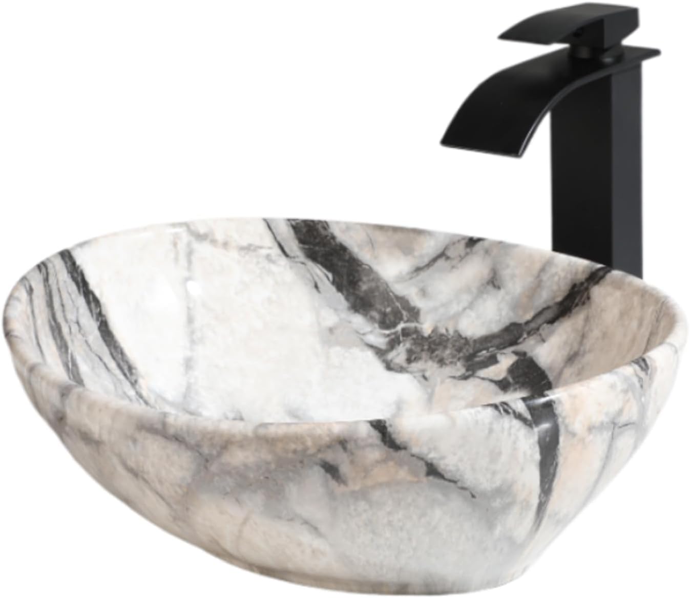 Oval Vessel Sink 16'x13' White Ceramic Bathroom Sink with Waterfall Faucet and Pop-up Drain Bowl Sink White Black Marble Bathroom Sinks Above Counter